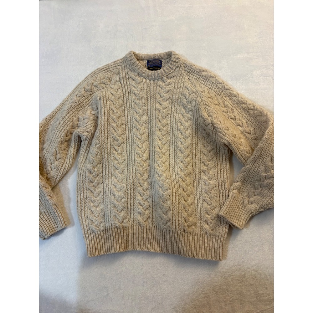 Pendleton Vintage Wool Cable Knit Sweater Cream Oatmeal Crew Neck Large USA
